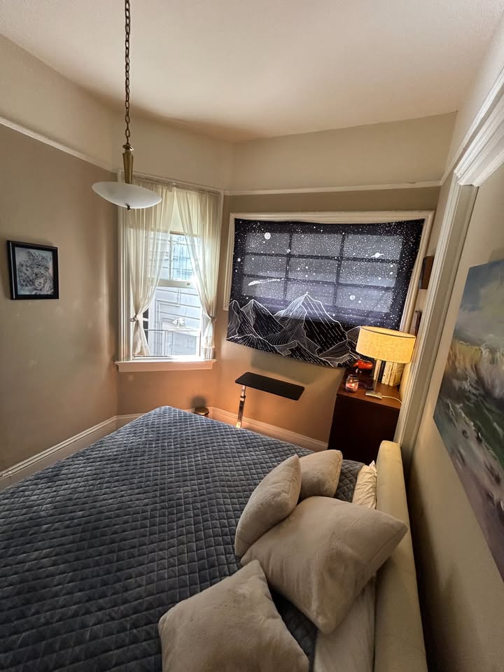 Bedroom with mountain tapestry and pendant light