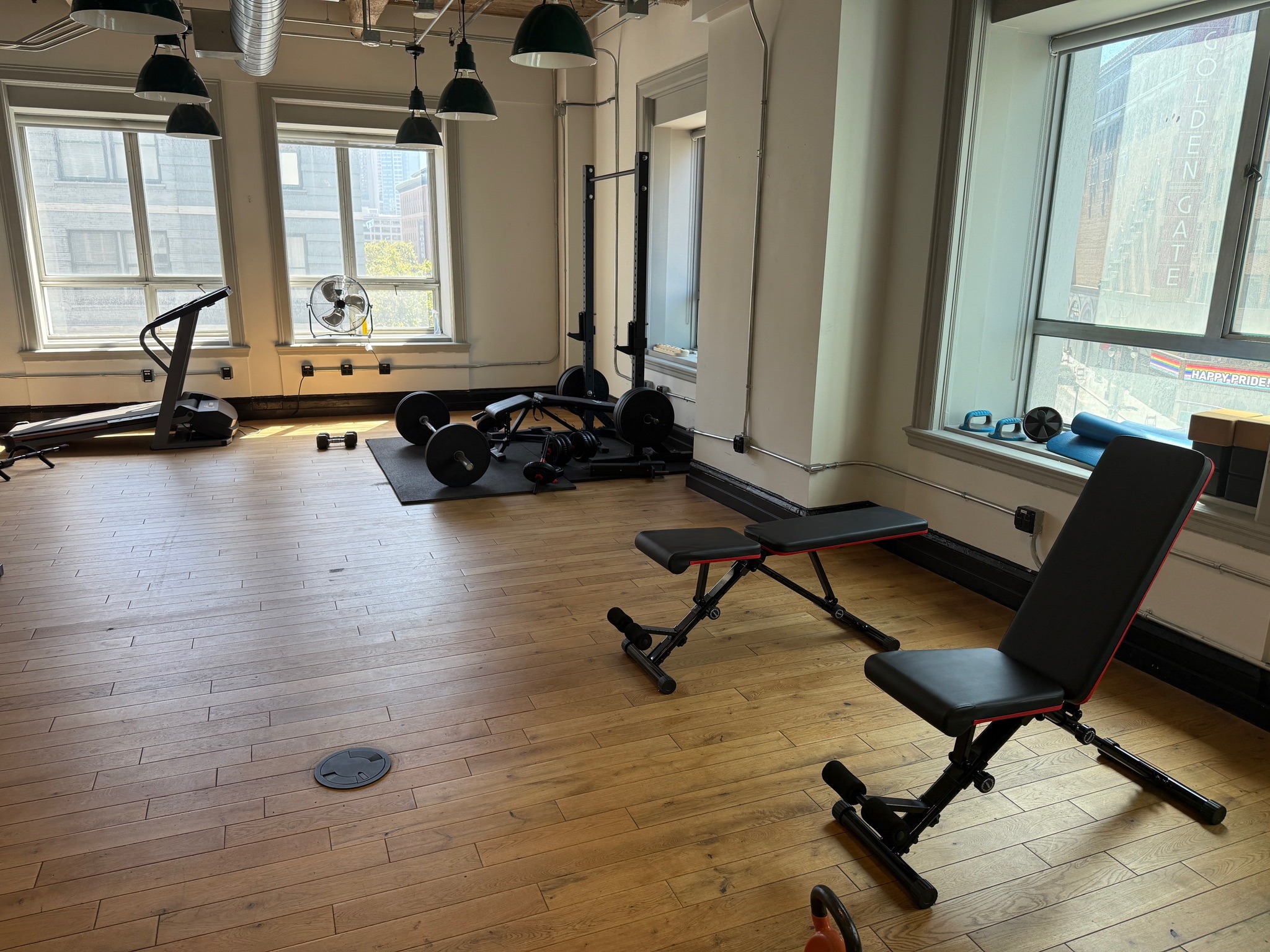 Gym overview with squat rack and benches